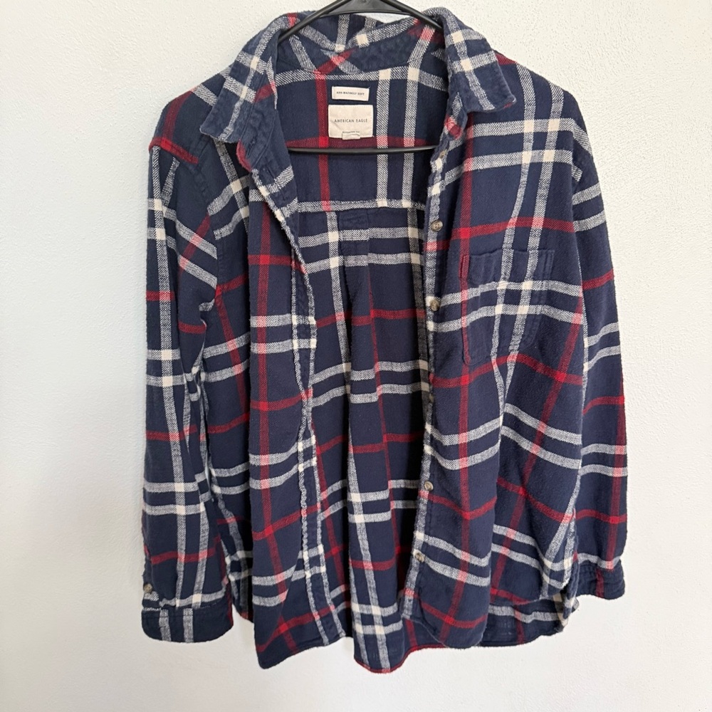 American Eagle Boyfriend Fit Navy Plaid Button Down Shirt - Picture 2 of 7